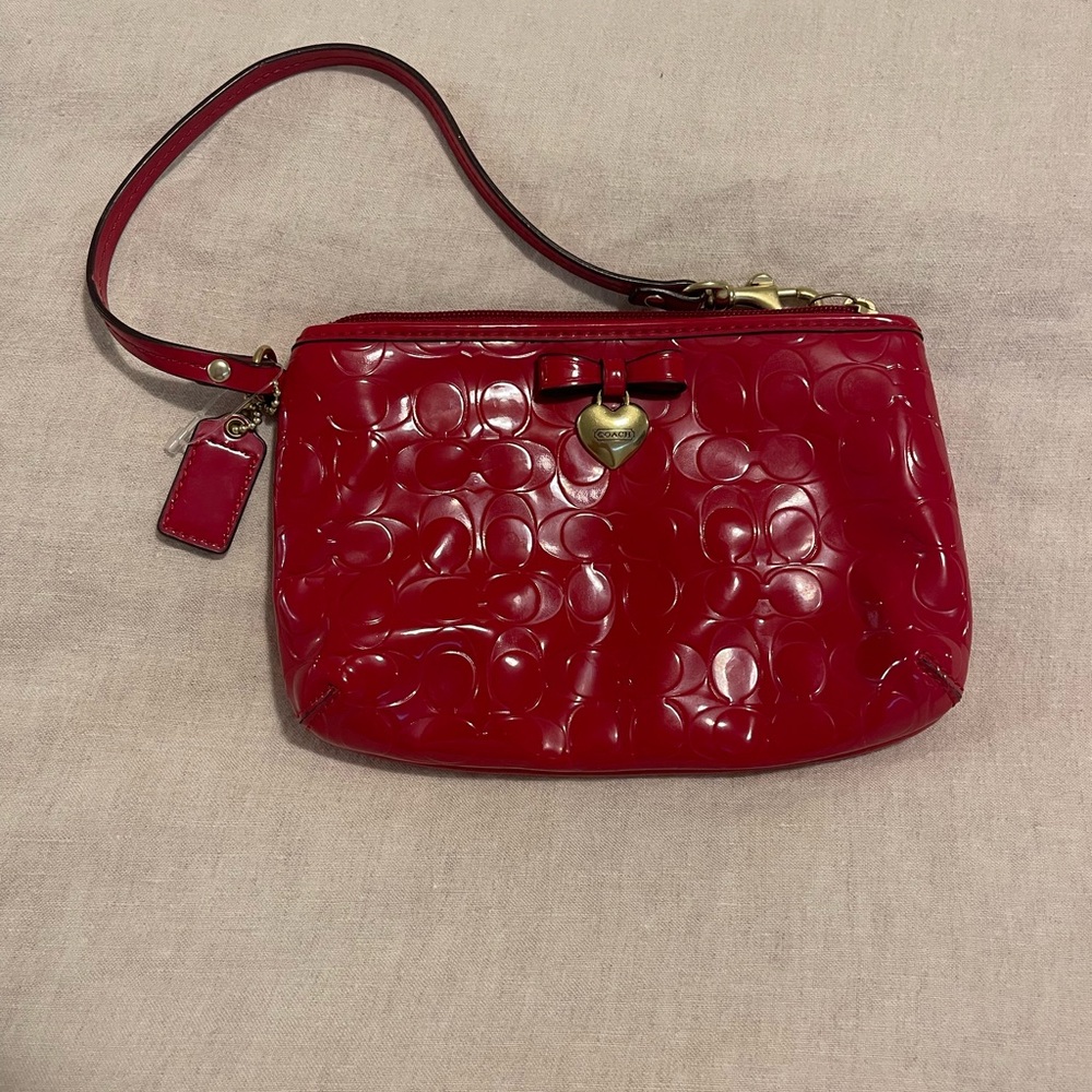 Red Embossed Coach Women's Wristlet